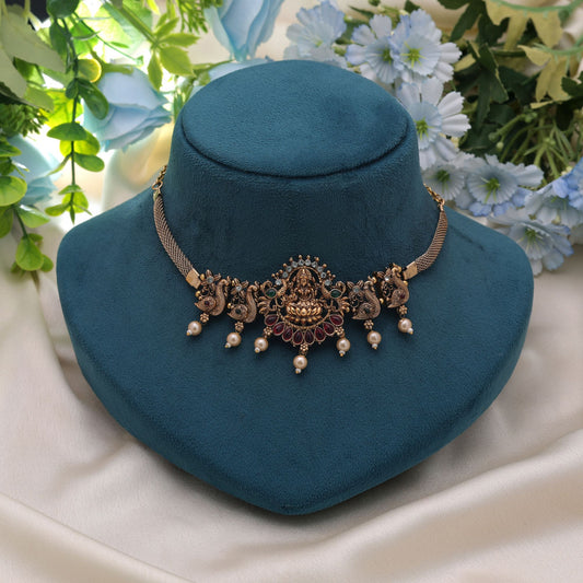 Rani & Green Color Choker Temple Necklace with Classic Cultural Artwork
