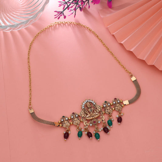 Maroon & Green Color Choker Temple Necklace with Handcrafted Temple Motifs
