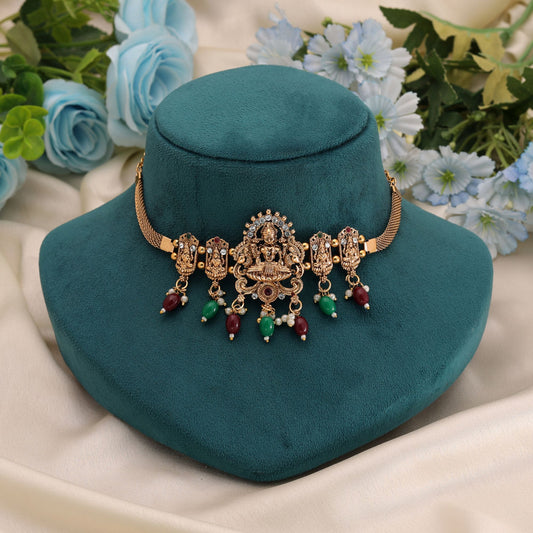 Maroon & Green Color Choker Temple Necklace with Handcrafted Temple Motifs
