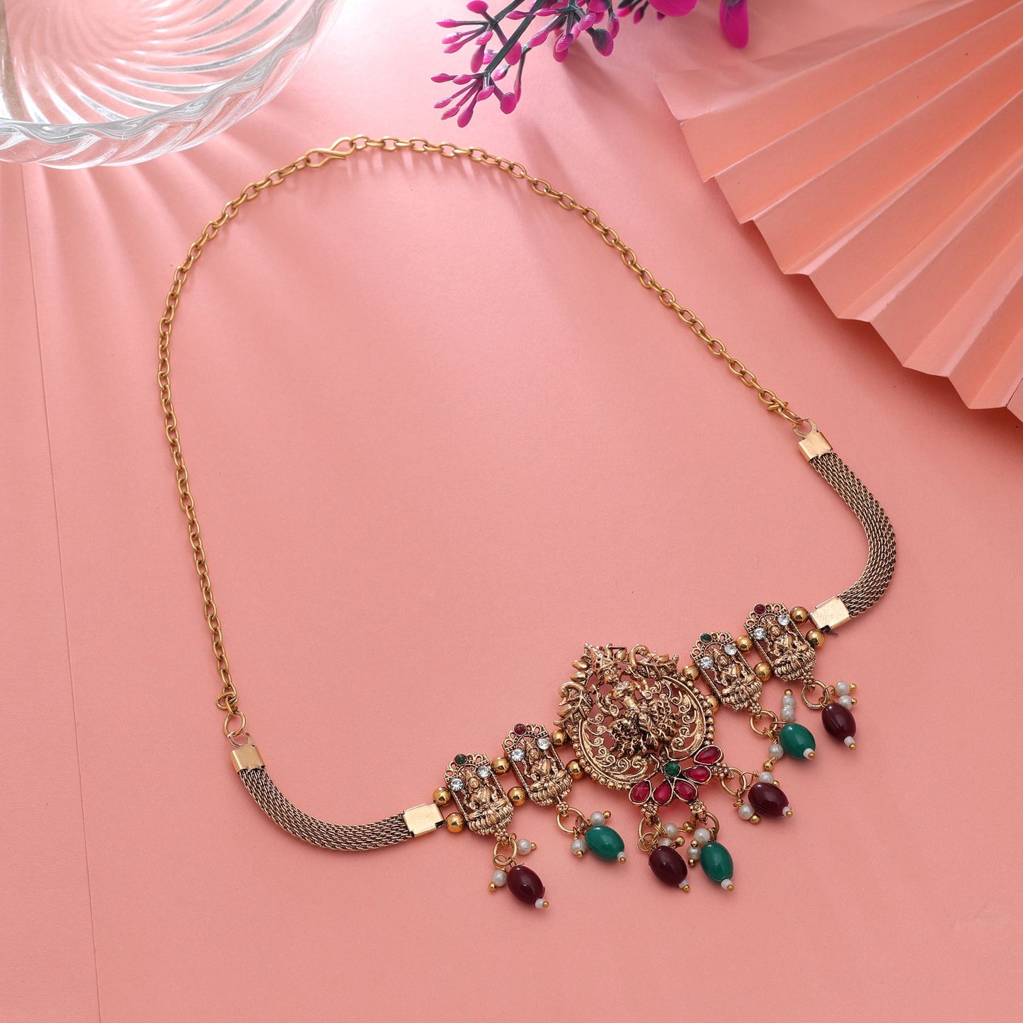 Maroon & Green Color Choker Temple Necklace with Rich Traditional Appeal
