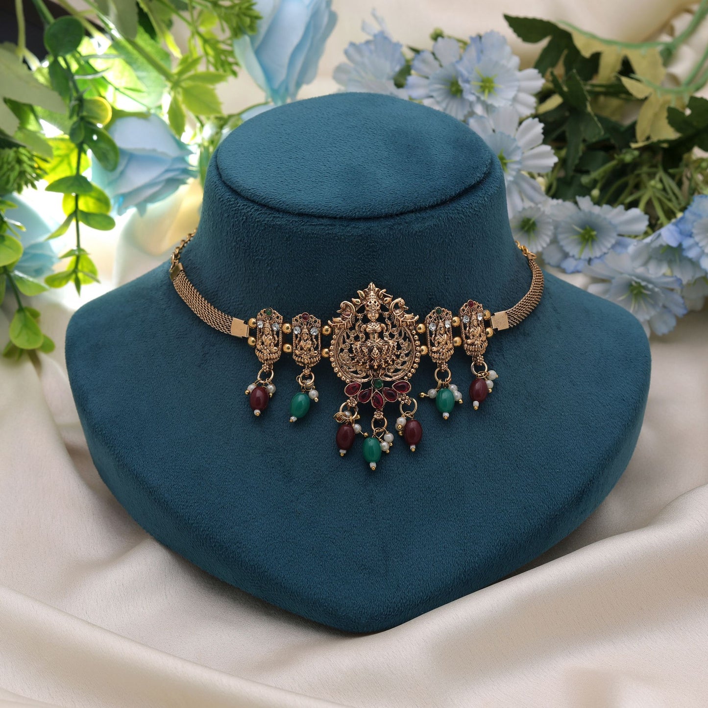 Maroon & Green Color Choker Temple Necklace with Rich Traditional Appeal