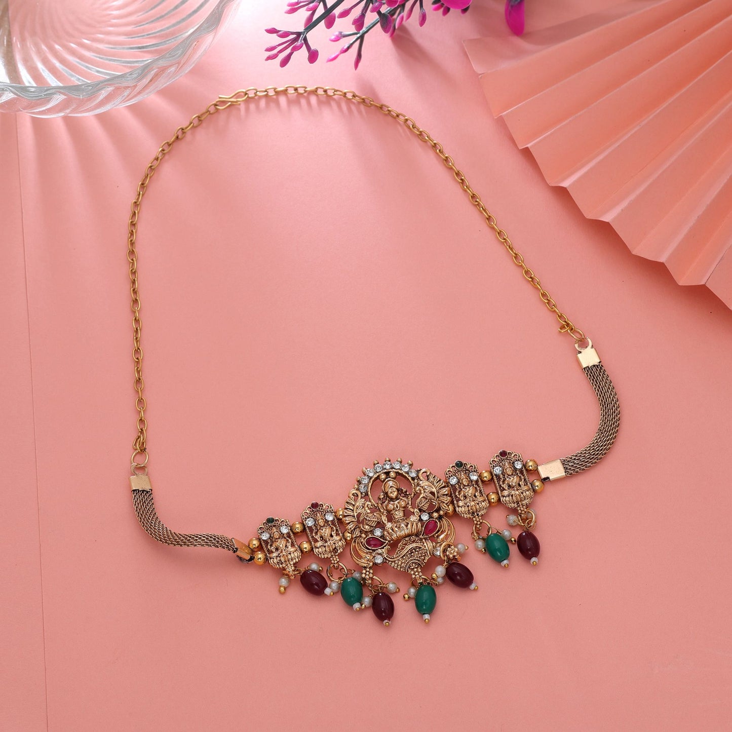 Maroon & Green Color Choker Temple Necklace with Designer Antique Finish