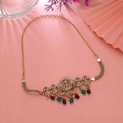 Maroon & Green Color Choker Temple Necklace with Designer Antique Finish