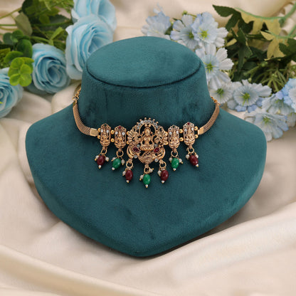 Maroon & Green Color Choker Temple Necklace with Designer Antique Finish