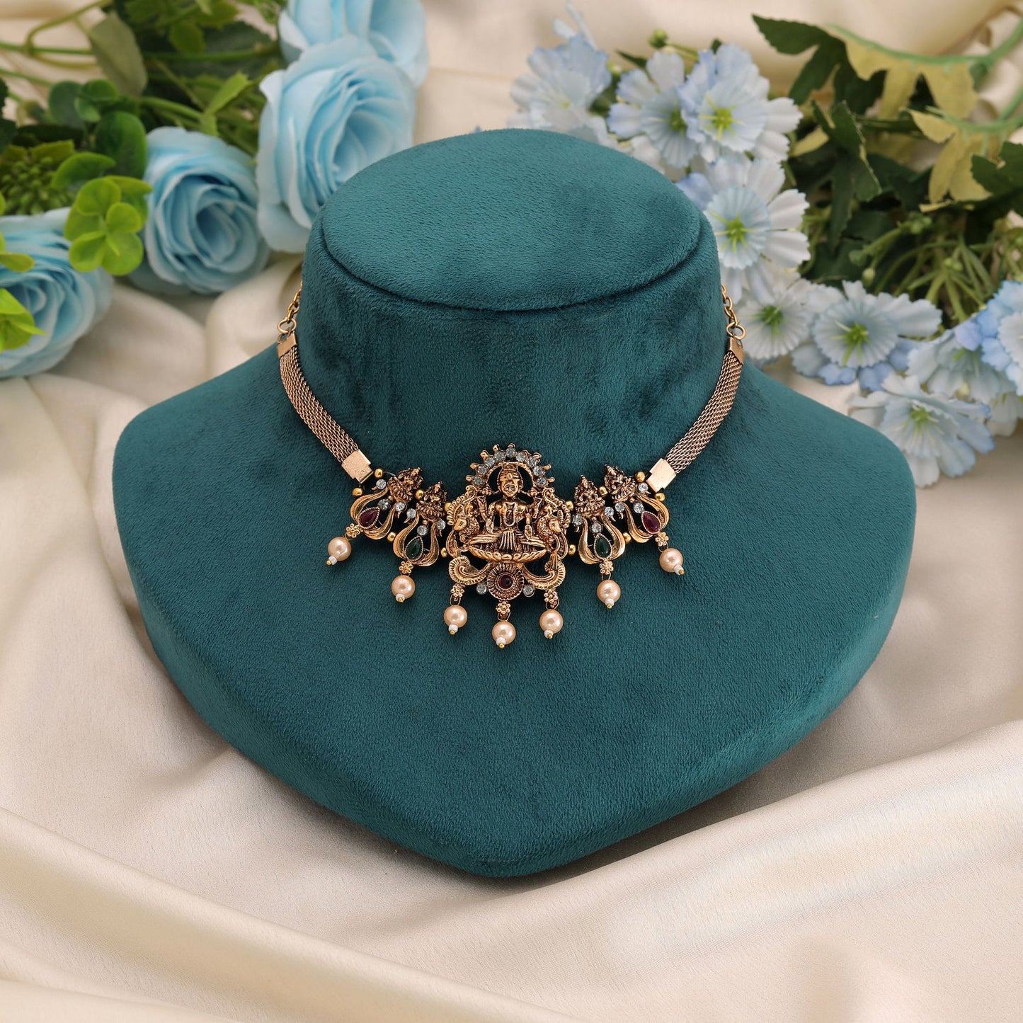 Rani & Green Color Choker Temple Necklace with Intricate Heritage Detailing