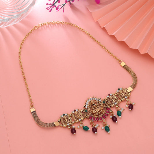 Maroon & Green Color Choker Temple Necklace with Elegant Antique Look