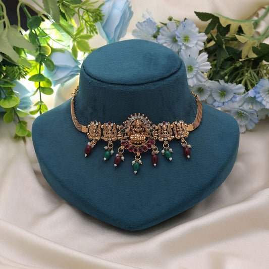 Maroon & Green Color Choker Temple Necklace with Elegant Antique Look