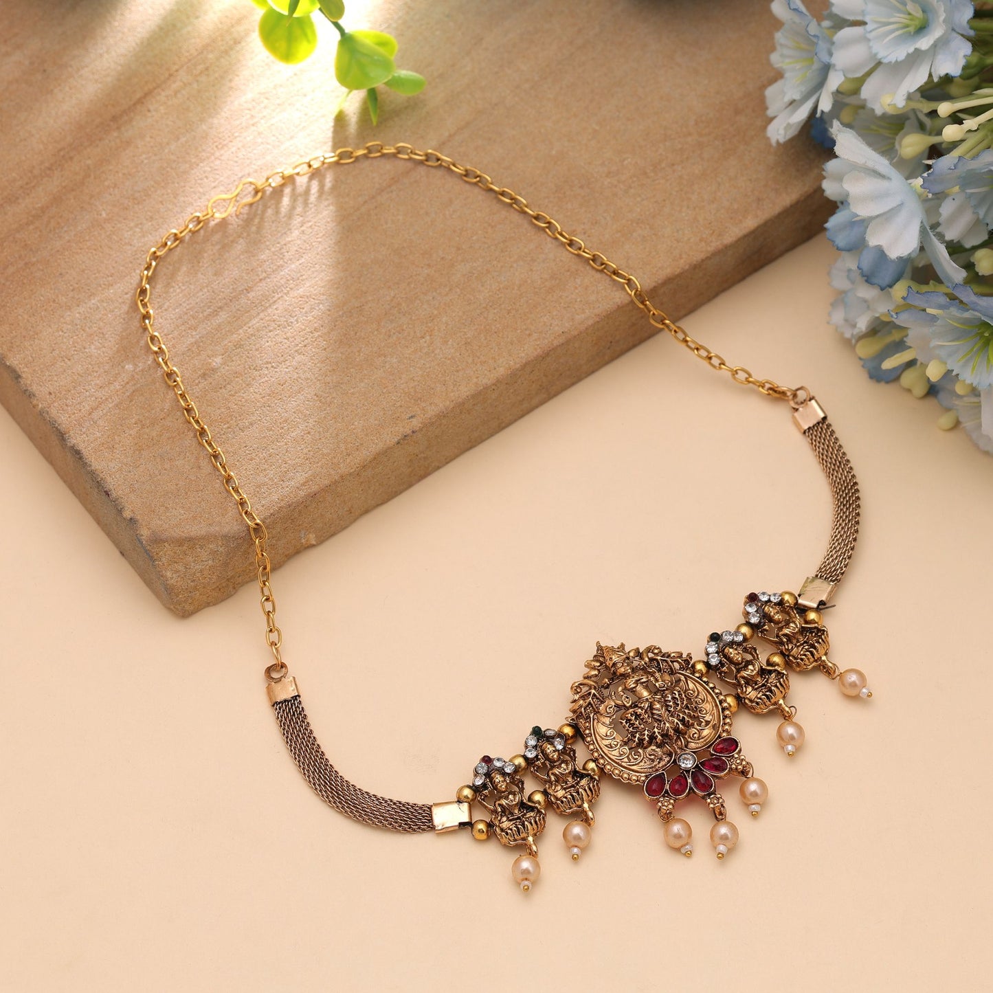 Rani & Green Color Choker Temple Necklace with Beautiful Temple Craftsmanship