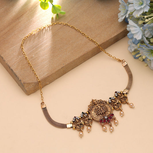 Rani & Green Color Choker Temple Necklace with Beautiful Temple Craftsmanship