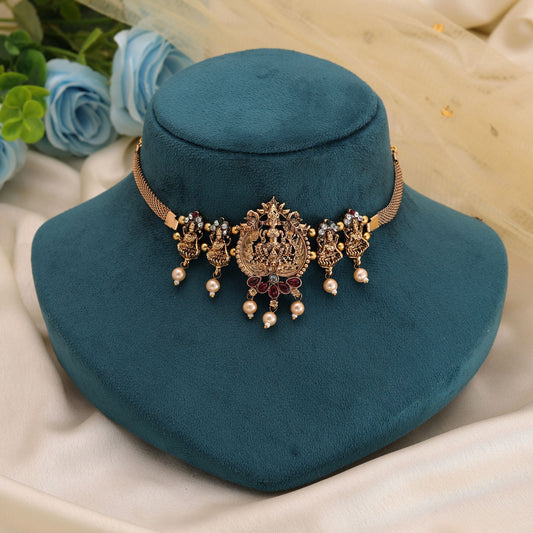 Rani & Green Color Choker Temple Necklace with Beautiful Temple Craftsmanship