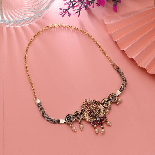 Rani & Green Color Choker Temple Necklace with Artistic Ethnic Design