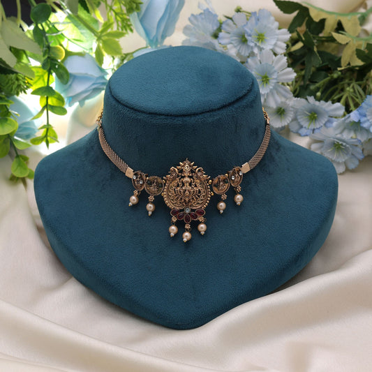 Rani & Green Color Choker Temple Necklace with Artistic Ethnic Design
