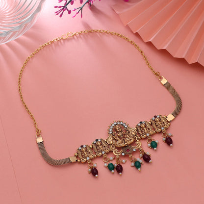 Maroon & Green Color Choker Temple Necklace with Cultural Heritage Finish
