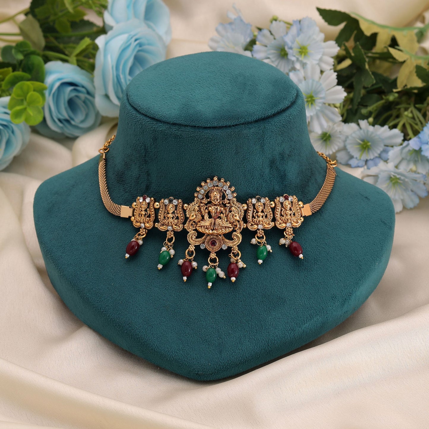 Maroon & Green Color Choker Temple Necklace with Cultural Heritage Finish