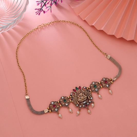 Rani & Green Color Choker Temple Necklace with Detailed Traditional Pattern