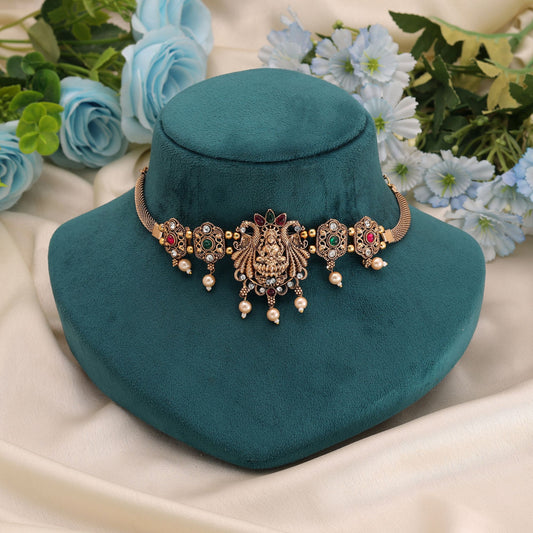 Rani & Green Color Choker Temple Necklace with Detailed Traditional Pattern