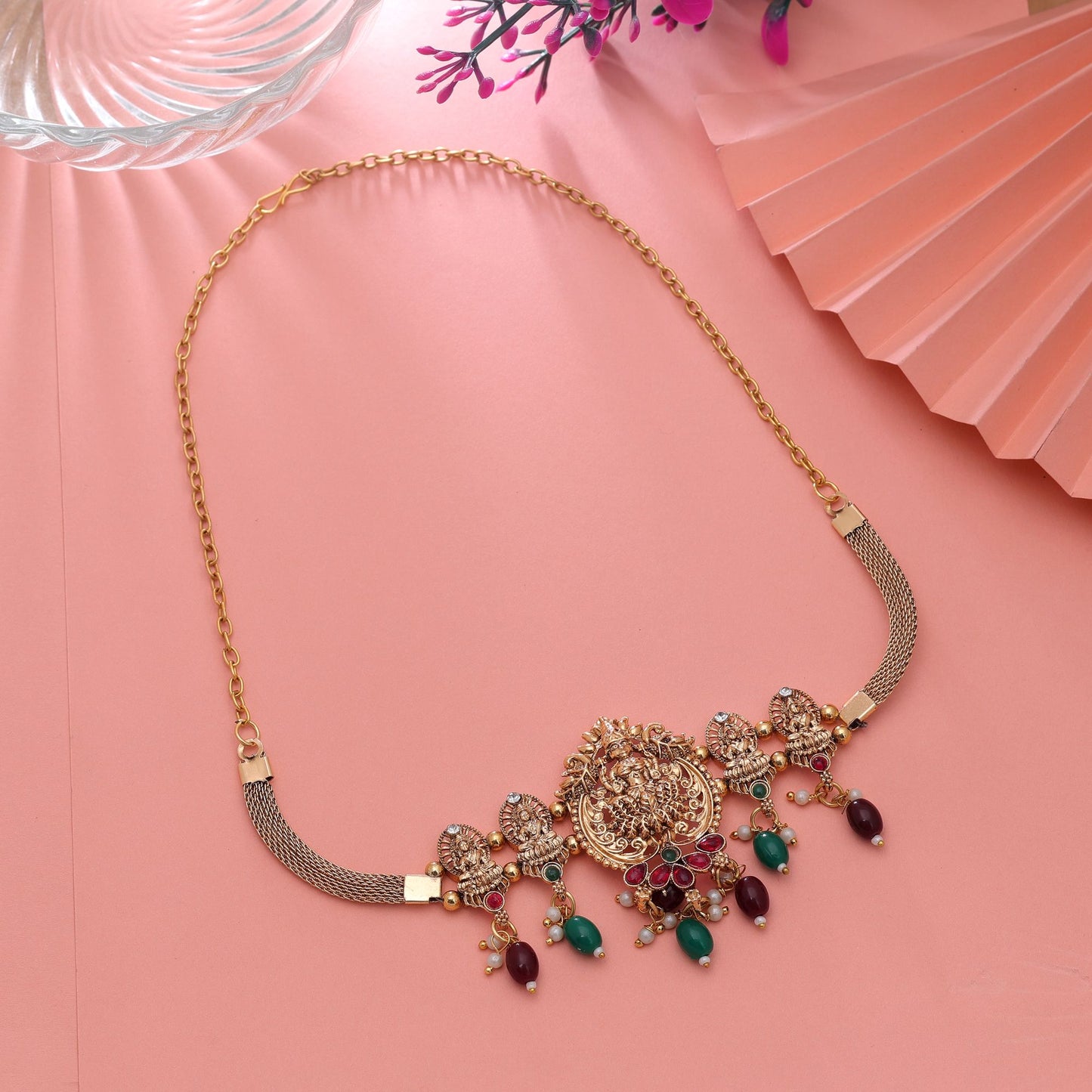 Maroon & Green Color Choker Temple Necklace with Royal South Indian Style