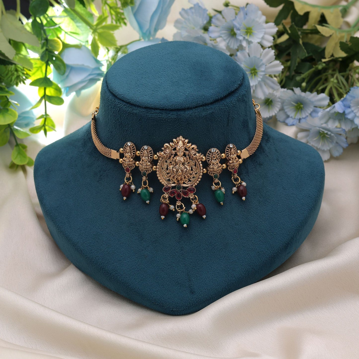 Maroon & Green Color Choker Temple Necklace with Royal South Indian Style