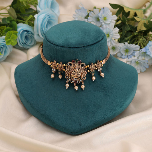 Rani & Green Color Choker Temple Necklace with Antique Temple Charm