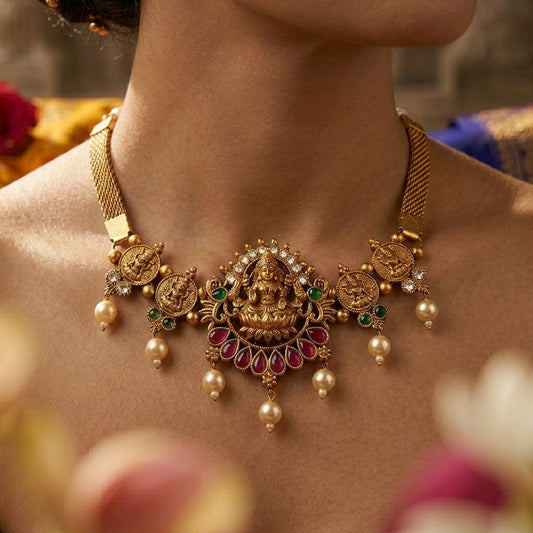Rani & Green Color Choker Temple Necklace With Traditional South Indian Design