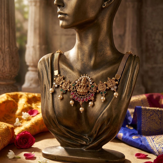 Rani & Green Color Choker Temple Necklace With Traditional South Indian Design