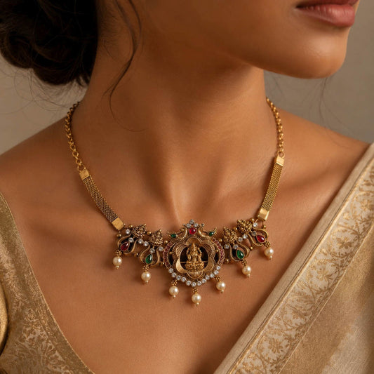 Rani & Green Color Choker Temple Necklace With Elegant Antique Finish Style