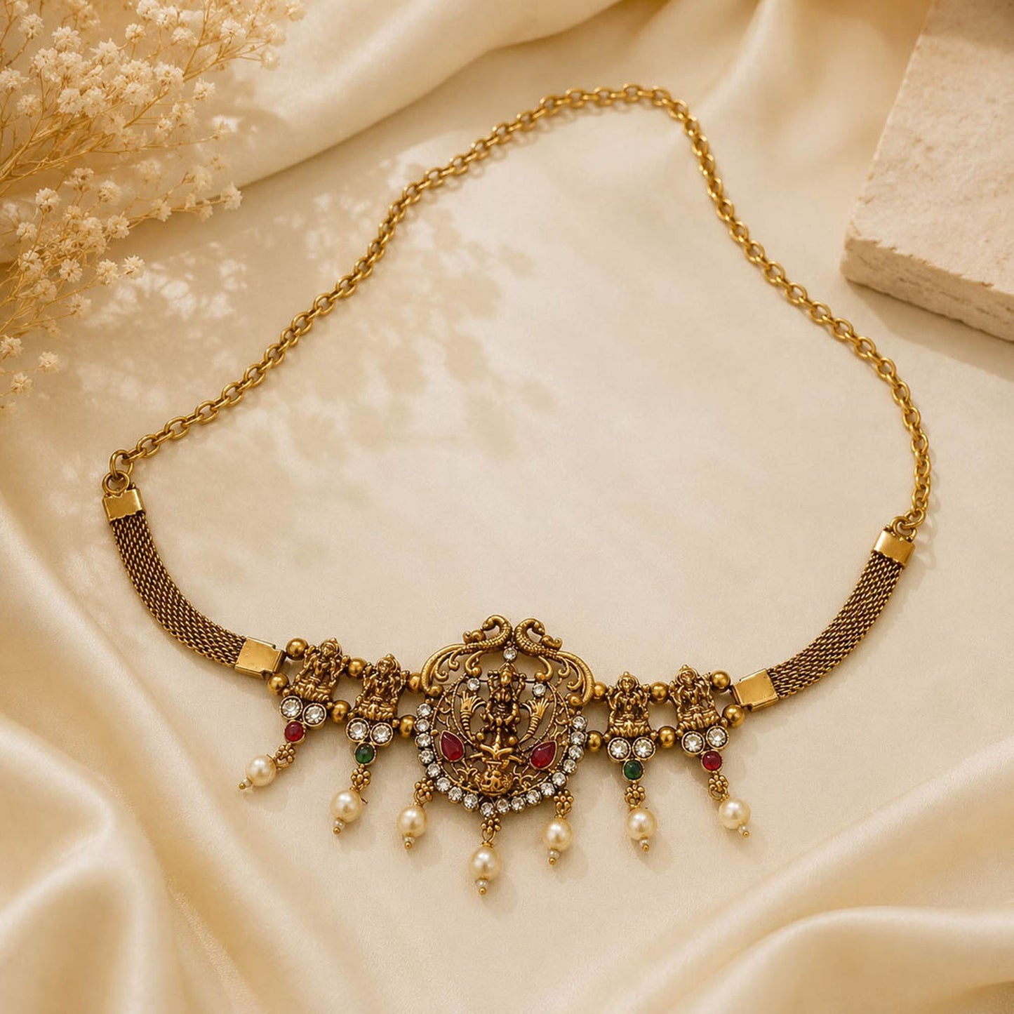 Rani & Green Color Choker Temple Necklace Featuring Intricate Temple Art Work