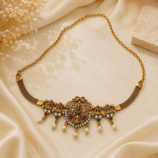 Rani & Green Color Choker Temple Necklace Featuring Intricate Temple Art Work