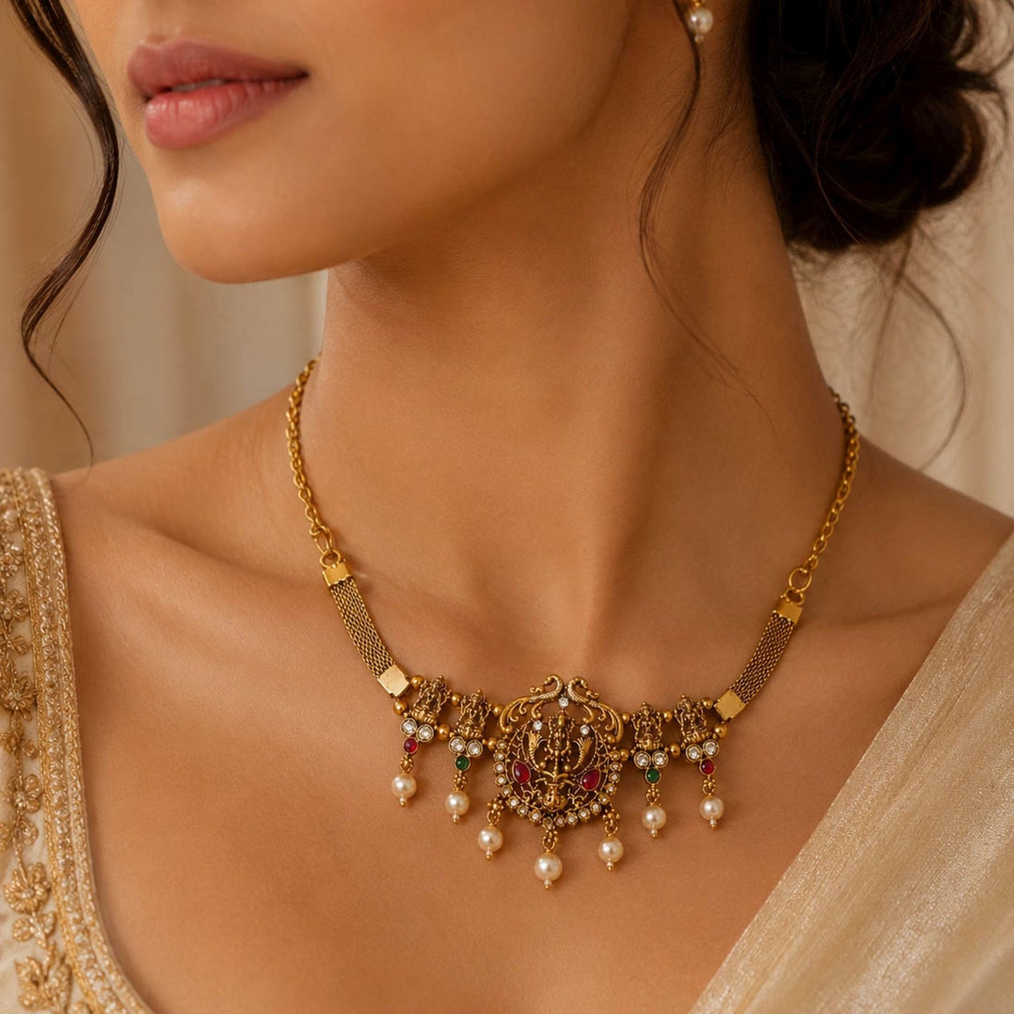 Rani & Green Color Choker Temple Necklace Featuring Intricate Temple Art Work
