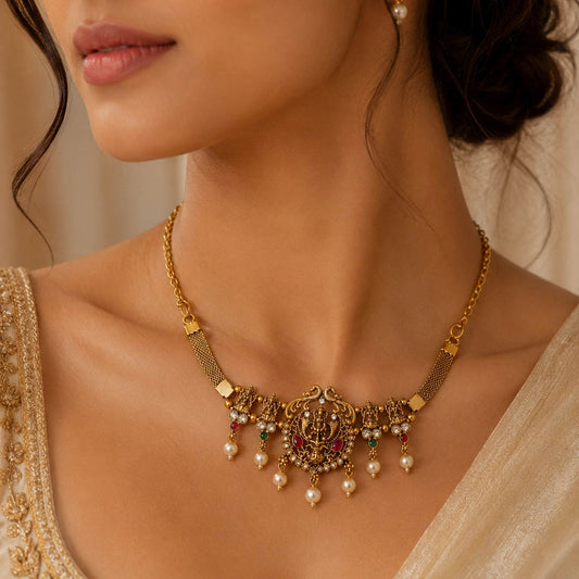 Rani & Green Color Choker Temple Necklace Featuring Intricate Temple Art Work