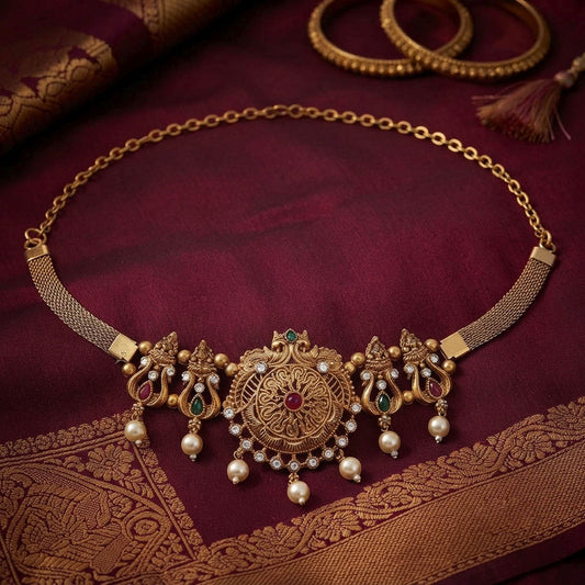 Rani & Green Color Choker Temple Necklace With Premium Traditional Detailing