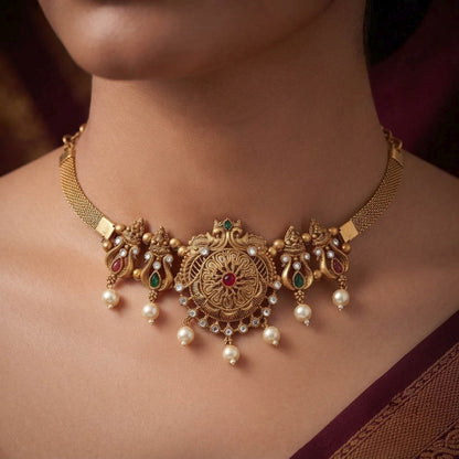 Rani & Green Color Choker Temple Necklace With Premium Traditional Detailing