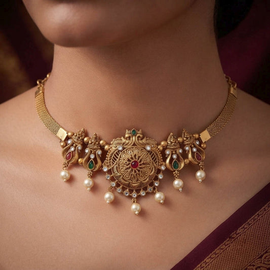 Rani & Green Color Choker Temple Necklace With Premium Traditional Detailing