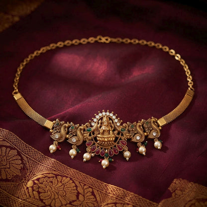 Rani & Green Color Choker Temple Necklace With Designer Temple Motifs