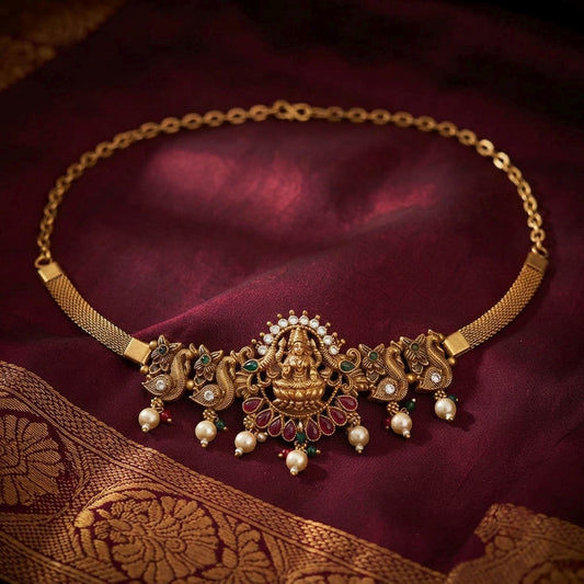 Rani & Green Color Choker Temple Necklace With Designer Temple Motifs