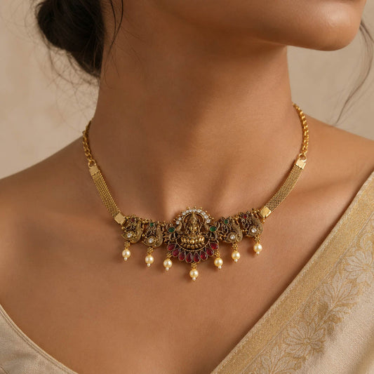 Rani & Green Color Choker Temple Necklace With Designer Temple Motifs