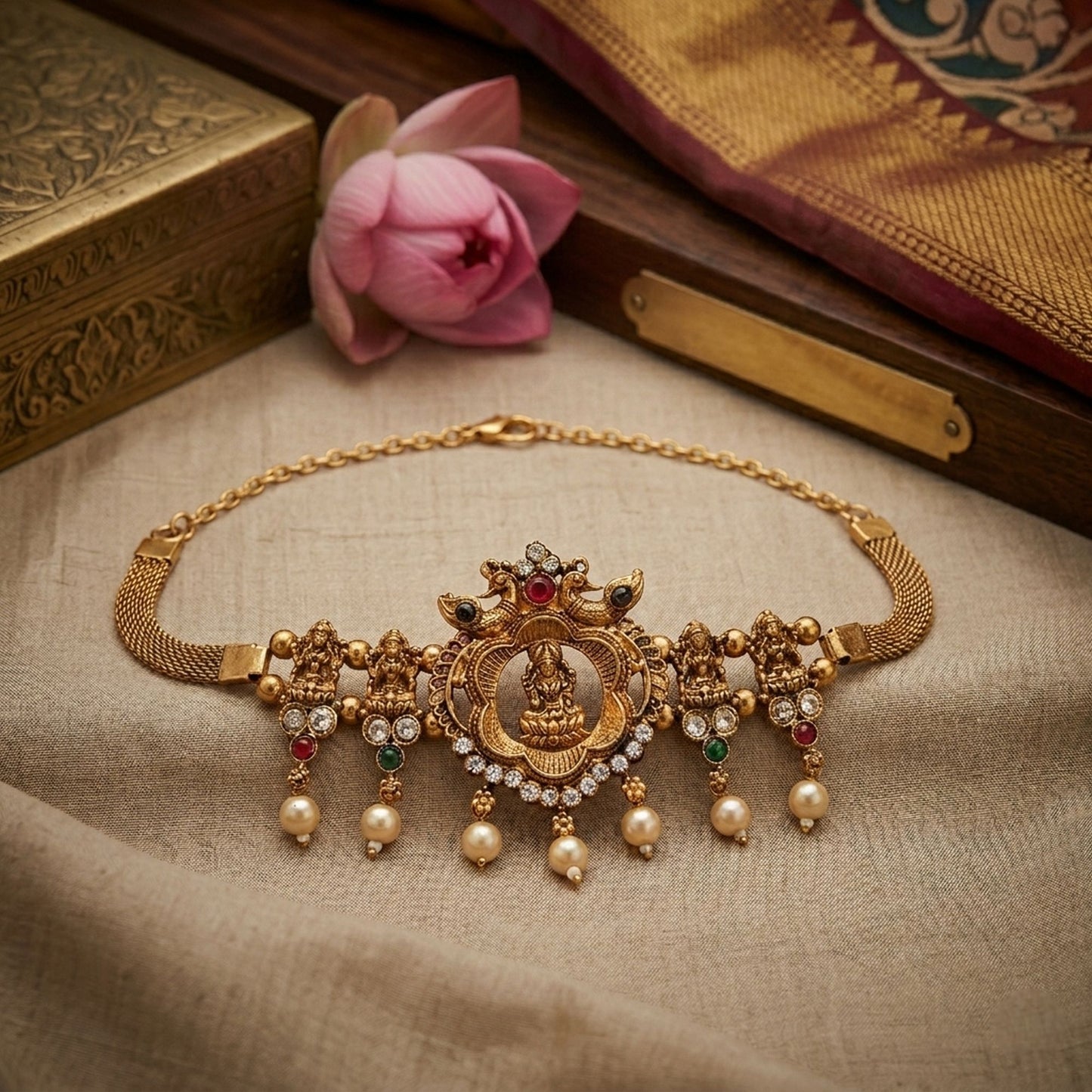 Rani & Green Color Choker Temple Necklace Featuring Traditional Craftsmanship Details