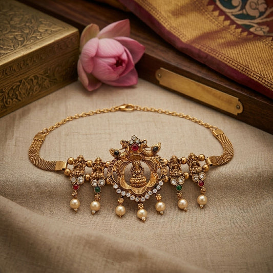 Rani & Green Color Choker Temple Necklace Featuring Traditional Craftsmanship Details