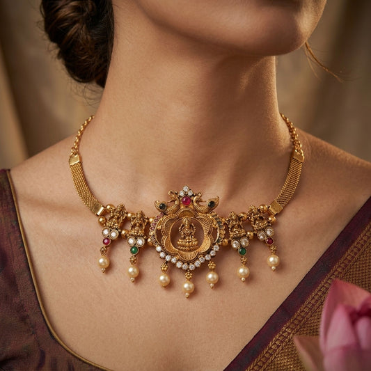 Rani & Green Color Choker Temple Necklace Featuring Traditional Craftsmanship Details