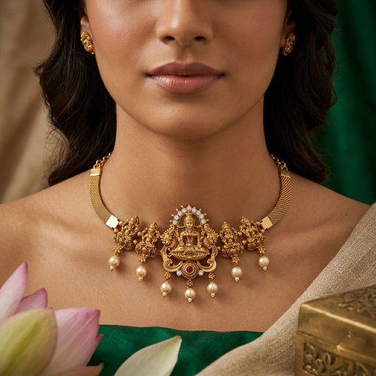 Rani & Green Color Choker Temple Necklace Designed For Elegant Celebrations