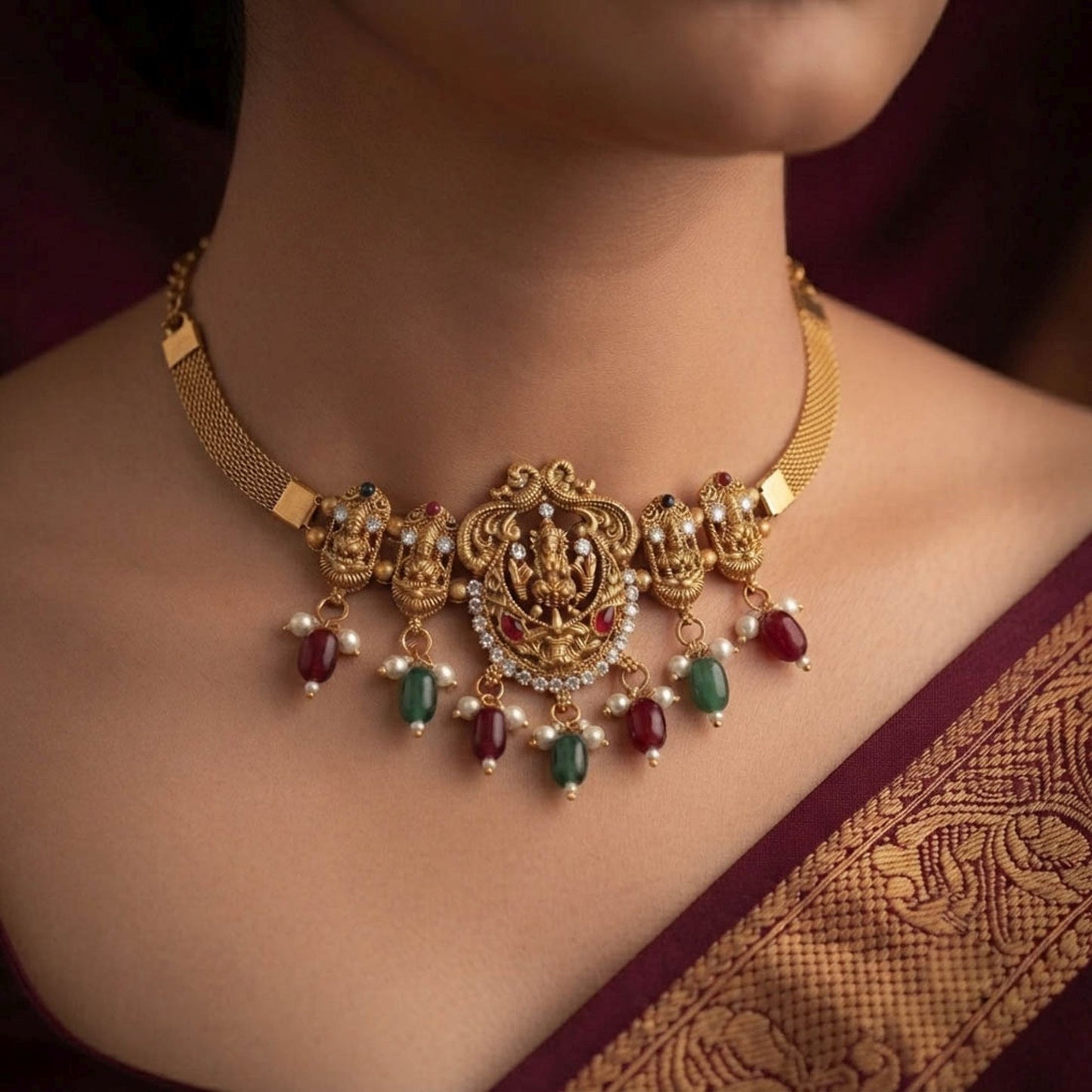Maroon & Green Color Choker Temple Necklace With Traditional Temple Jewellery Design