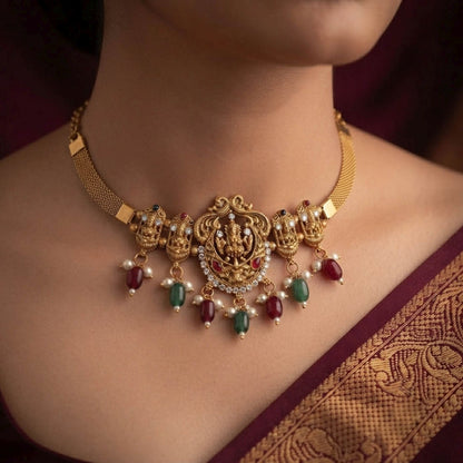 Maroon & Green Color Choker Temple Necklace With Traditional Temple Jewellery Design