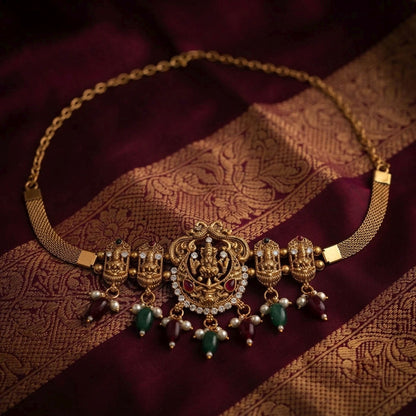 Maroon & Green Color Choker Temple Necklace With Traditional Temple Jewellery Design