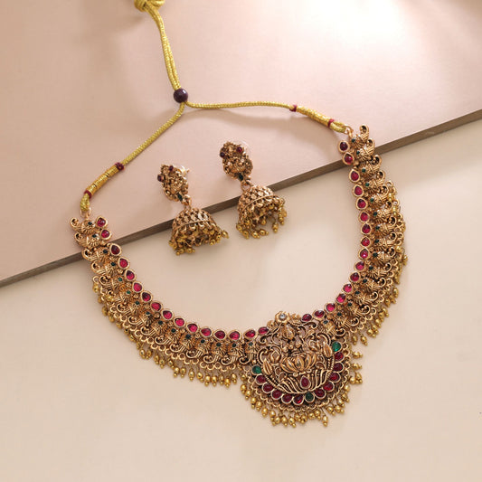 Maroon & Green Color Temple Necklace Set with Elegant Traditional South Indian Jewelry Design