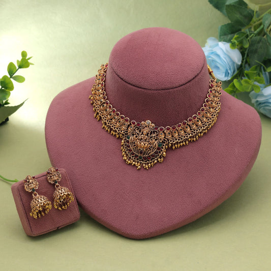 Maroon & Green Color Temple Necklace Set with Elegant Traditional South Indian Jewelry Design