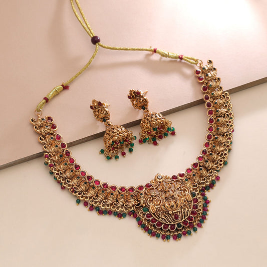 Rani & Green Color Temple Necklace Set with Royal Ethnic Bridal Jewelry Style