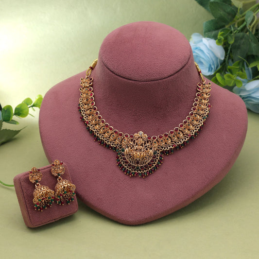 Rani & Green Color Temple Necklace Set with Royal Ethnic Bridal Jewelry Style