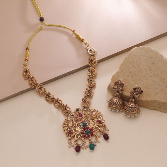 Maroon & Green Color Temple Necklace Set Featuring Classic Temple Inspired Artwork