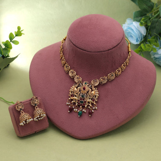 Maroon & Green Color Temple Necklace Set Featuring Classic Temple Inspired Artwork