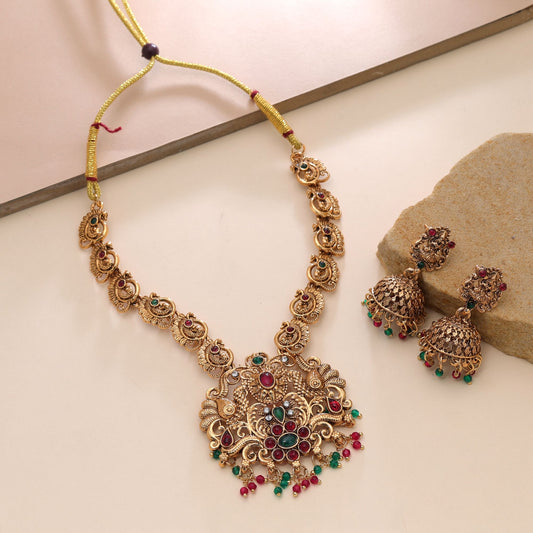 Maroon & Green Color Temple Necklace Set with Premium Antique Gold Finish Design